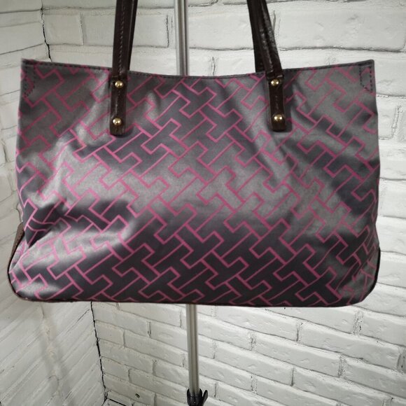 2 / $30.00 - Tommy Hilfiger Grey & Pink Patterned with Brown Handles Handbag - Picture 2 of 15